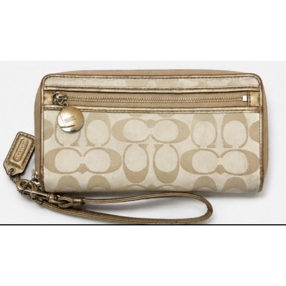 Coach Signature C Zip Around Wristlet Wallet Khaki Gold Metallic Canvas